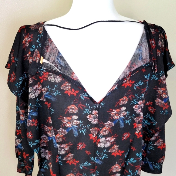 Free People Blouse Black Floral Dock Street Comb Ruffle Women's Small Shirt Top - Picture 7 of 13